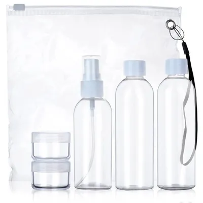 Produktbild von Flaschen Reisebehälter für Kosmetik fürs Flugzeug mit 5-teiliger Kosmetiktasche