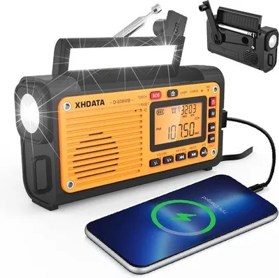 Obrázek produktu pro Přenosná nouzová vysílačka se solárním napájením a ruční klikou, baterií 3000 mAh, alarmem SOS a přehráváním hudby přes Bluetooth pro outdoorové aktivity
