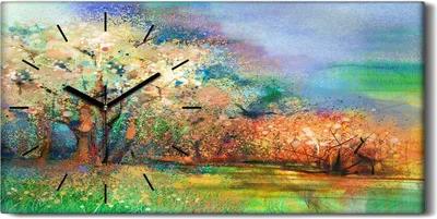 Produktbild von Leinwand Wanduhr Wandkunst Uhr 60x30 Baum abstrakte farbenfrohe Landschafts - schwarze Hände