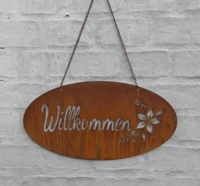 Produktbild von Eisenschild Hängeschild Willkommen mit Blume 38 x 20 cm Echtrost. An Kette