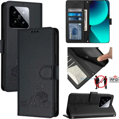 Produktbild von Leder Hülle für Xiaomi 14 Süße Katze Flip Case Brieftasche Schutzhülle mit Standfunktion Schwarz