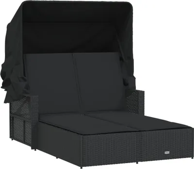Produktbild von vidaXL Doppel-Sonnenliege mit Dach und Auflagen Schwarz Poly Rattan