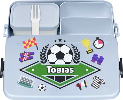 Produktbild von Personalisierte Brotdose mit Namen Große Isolierte Bento Box Praktische Mahlzeitenaufbewahrung für Jungen mit bunten Kindermotiven Football Club [087]