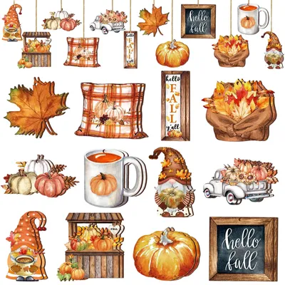 24er Set herbstliche Holzanhänger, Ahornblätter, Wichtel