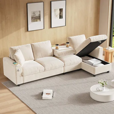 Image de OKWISH Canapé d’Angle L 4 Places Modulable - Avec Fonction Lit, Tablette Relevable et Rangement dans Accoudoirs, Tissu Chenille - Beige