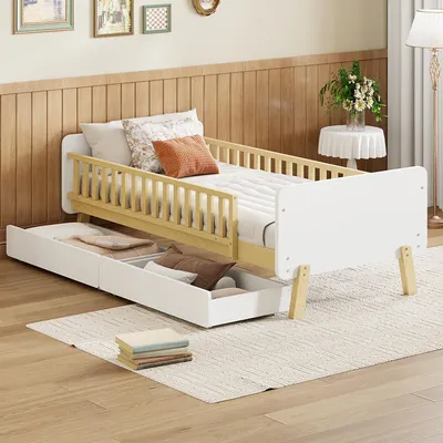 Image de OKWISH Lit Enfant 90x190 cm, Lit Simple avec 2 Tiroirs, Bois Massif, Blanc, Sans Matelas