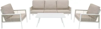 Image de Ensemble de mobilier de jardin en aluminium 5 places, blanc, 4 pièces : salon de terrasse, coin repas, canapé 3 places, 2 fauteuils, table basse. Résistant aux intempéries, coussins épais, housses lavables, housse de protection imperméable.