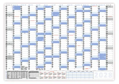 Produktbild von XXL Wandkalender DIN B1 2028 blau, nass abwischbar Format 100 x 70cm Jahresplaner Wandplaner gerollt
