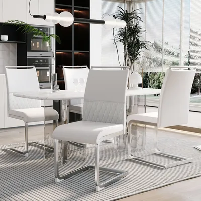 Zdjęcie produktu dla zestaw 4 krzeseł do jadalni - wysoki komfort i styl, wyściełane oparcie ze skórypoliuretan i lnu, ergonomiczna konstrukcja do jadalni, kuchni i biura, biały