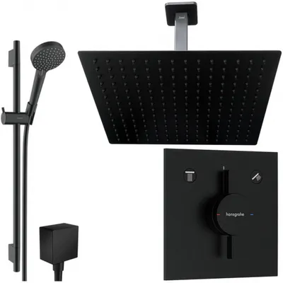 Produktbild von Hansgrohe und Jowi Unterputz Duschsystem Schwarz, mit 650mm Brausestange, Duscharmatur DuoTurn E, Deckenanschluss, OHNE iBox 2