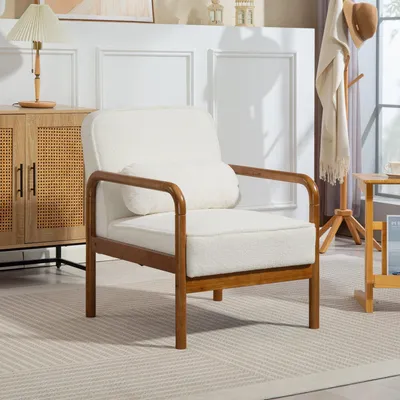 Obrázok produktu pre Kreslo – Moderný štýl – Materiál: bouclé – Rám: drevený – Rozmery: 67 x 80 x 83 cm – Farba: biela