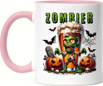 Produktbild von Zombier Tasse rosa Halloween Bier Zombie Kürbis Gruselig Retro