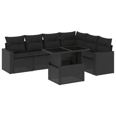 Produktbild von Gartenmöbel-Set, 7-teilige modulare Sofagarnitur, Poly Rattan, verstellbarer Esstisch, abnehmbare Kissenbezüge, UV-beständig, Schwarz