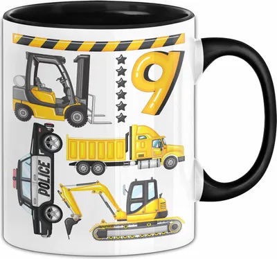 Produktbild von 9. Geburtstag Geschenk Tasse Becher Jungen Jungs Baustelle Polizei Geburtstagsgeschenk 9 (Schwarz)