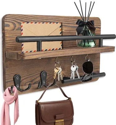 Productafbeelding van Unyqoos® sleutelbord van grenenhout – wandmontage sleutelhouder met 5 haken, compacte houten opbergruimte voor sleutels en kleine voorwerpen