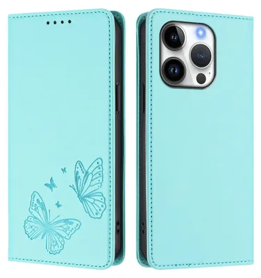 Obrázek produktu pro Kožené pouzdro pro iPhone 16 Pro, motýlí ražbou, peněženkové flip pouzdro se stojánkem Mátově zelená