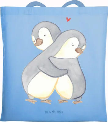 Produktbild von Mr. & Mrs. Panda totebag Pinguine Kuscheln - Sky Blue - Geschenk, Valentinstag, Schultasche, für Frauen, Hochzeitstag, Mitbringsel, Freundin, Shopping Tasche, Jutebeutel
