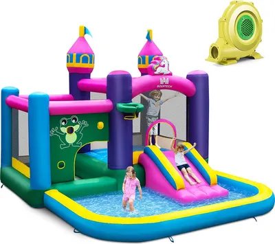 Produktbild von GOPLUS Aufblasbare Hüpfburg, riesige Spielburg mit Rutsche, Basketballkorb und Pool, aufblasbares Spielparadies für Outdoor Garten (mit Gebläse)