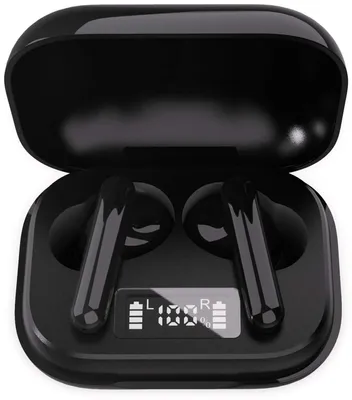 A pair of black wireless earbuds with their charging case open, displaying a digital battery indicator.
