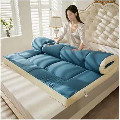 Imagen del producto de Colchón japonés tipo futón, colchón para el suelo, acolchado, plegable, antideslizante, colcha acolchada, suave, para cama doble, futones individuales, color azul, 180 x 200 cm