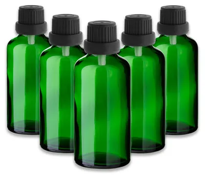 Produktbild von 5x Grüne Glasflasche 50 ml mit schwarzem Tropfer – leere Tropfflasche
