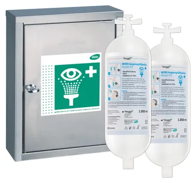 Produktbild von WERO Augenspülstation V4A, gefüllt mit 2 WERO Augenspülflaschen P8 1000 ml