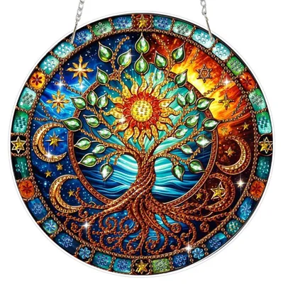 Image de Kit de création de pendentif "peinture diamant" représentant un paysage, un arbre de vie de Pâques, ou une décoration de fenêtre. Ornement à suspendre