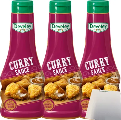 Produktbild von Develey Curry Sauce fruchtig-exotisch auch zum dippen 3er Pack (3x250ml Flasche) + usy Block