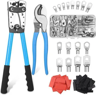 Produktbild von Krimpzange Set für Kabelschuhe - 60 Kupfer Ringklemmen und Drahtschneider
