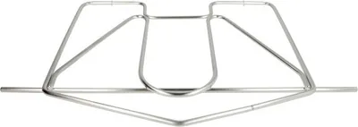 A stainless steel sink rack on a white background.