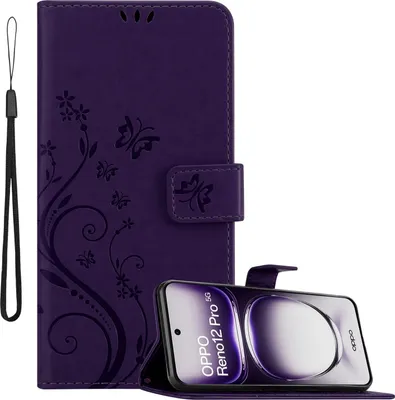 Produktbild von Cadorabo Hülle für Oppo Reno 12 Pro Hülle in FLORAL DUNKEL LILA Schutzhülle im Blumen Design mit Magnetverschluss, Standfunktion und Kartenfächern Book Case Cover