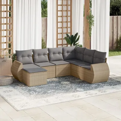 Produktbild von Design 7-tlg. Garten-Sofagarnitur mit Kissen Beige Poly Rattan, Gartensofas 2024 Neu
