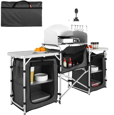 Image de Table de cuisine de camping VEVOR, Table de cuisine pliante d'extérieur avec sac de rangement, Station de cuisson en aluminium avec 3 placards et pare-brise amovible, Montage rapide pour pique-nique, barbecue, etc.