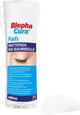 Produktbild von BlephaCura Pads, Baumwoll-Wattepads zur sanften Reinigung der Augenlider, 100% Baumwolle,  bestätigt, 70 St. Tupfer