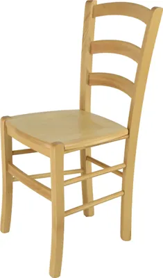 A light-colored wooden chair with a slatted backrest and a solid seat, presented against a white background.