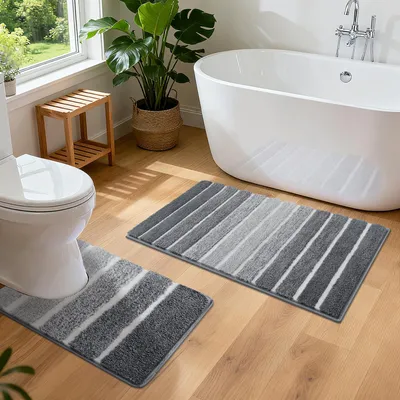 Produktbild von Badezimmermatten-Set, 2-teilig, rutschfeste Badematte, grau, weiche Badematten, wasserabsorbierende Duschmatte, waschbares Badematten-Set, 50 x 80 + 50 x 50 cm