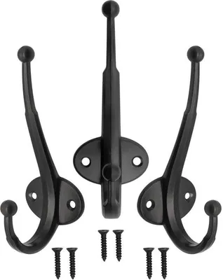 Produktbild von Unyqoos® 3er-Set Wandhaken aus Gusseisen, schwarz – Landhaus‑Vintage, 12,2 cm, inkl. 6 Schrauben, robust & platzsparend für Garderobe/Badezimmer/Flur