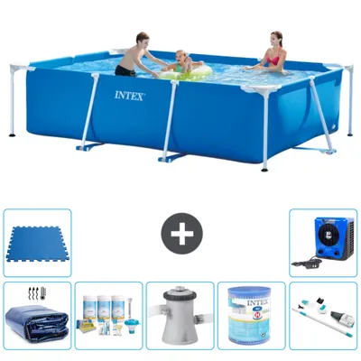 Produktbild von Intex-Schwimmbecken mit rechteckigem Rahmen – 300 x 200 x 75 cm – Blau – im Lieferumfang enthalten Sonnensegel - Wartungspaket - Filterpumpe für Schwimmbad - Filter - Staubsauger - Bodenfliesen