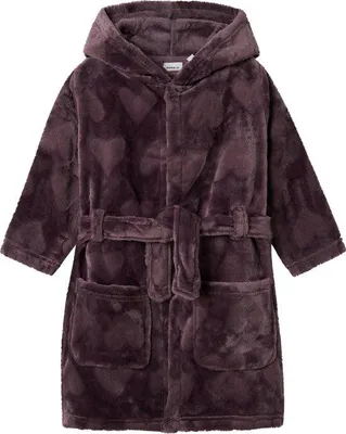 Productafbeelding van Unyqoos® Kinderbadjas van velours met een bijpassend hartmotief, donker paars (aubergine) – maat 104 – superzacht, met drukknopen, riem en 2 grote zakken