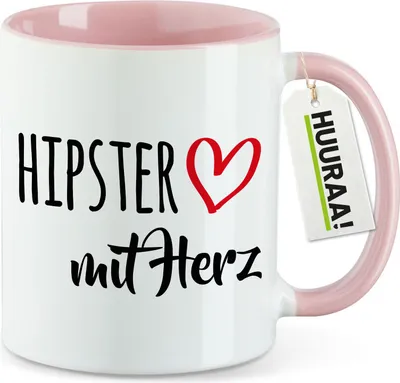 Produktbild von Huuraa Kaffeetasse Hipster mit Herz 330ml Rosa Keramik Kaffeebecher Geschenkidee