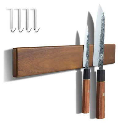 Productafbeelding van Magnetische messenhouder - 40 cm, zonder boren, van acaciahout met haken