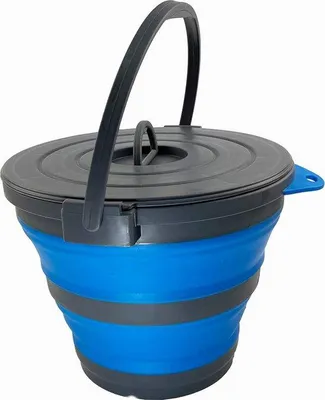 Image de Seau pliable en plastique Unyqoos® de 10 litres avec couvercle hermétique – portable et gain de place (Ø31×24 cm, 6 cm replié), sans BPA, gris/bleu