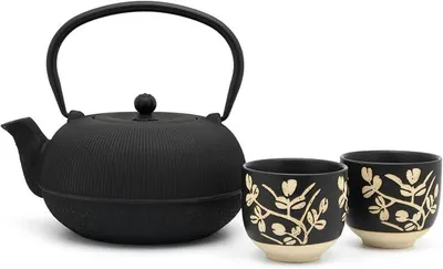 Imagen del producto de Juego de tetera de hierro fundido de 1.0 L con 2 tazas de porcelana: set de regalo de 3 piezas