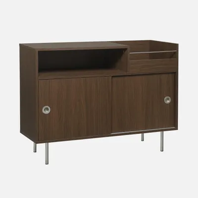 Produktbild von sweeek - Vintage Schallplattenschrank mit Holzdekor und Edelstahl 100cm - Nussbaumfarben