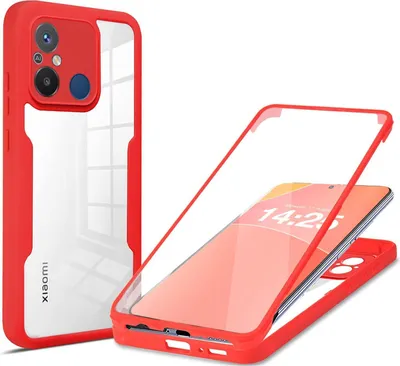 A red and transparent phone case is shown from two angles against a white background. One angle shows the back of the case with the camera cutout, and the other shows the case opened with a phone inside.