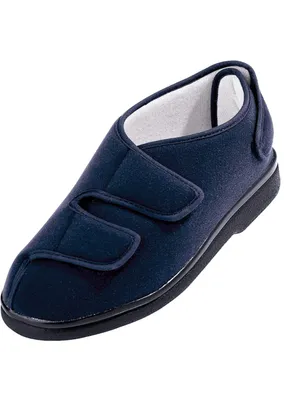 A single navy blue slipper with velcro straps is shown against a white background.