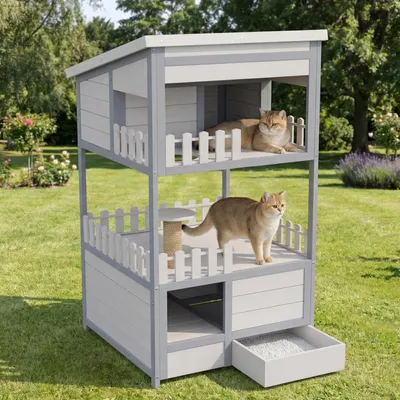 Produktbild von okwish Outdoor-Katzenhaus mit verzinkter Katzenstreuschublade, wetterfestes Outdoor Holz Tierhaus ,für Balkon oder den Außenbereich, Grau
