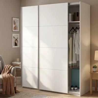 Produktbild von Garderobe Dmace, Schlafzimmer Kleiderschrank mit 2 Schiebetüren, Schrank mit Kleiderstange und 2 Einlegeböden, 150x60h200 cm, Weiß