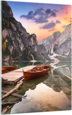 Produktbild von Bilder auf glas - Einteilig - Boote Berge See - 50x70cm - Glasbilder - Wandbilder - Bilder - zum Aufhängen bereit - Wanddekoration aus Glas - Glas Bilder - Wandbild auf Glas - GPA50x70-4638