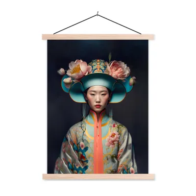 Produktbild von MuchoWow® Textilposter Frauen - Asiatisch - Porträt - Kleidung - Blumen 40x53 cm mit holzfarbenen Rahmen - Schlafzimmer